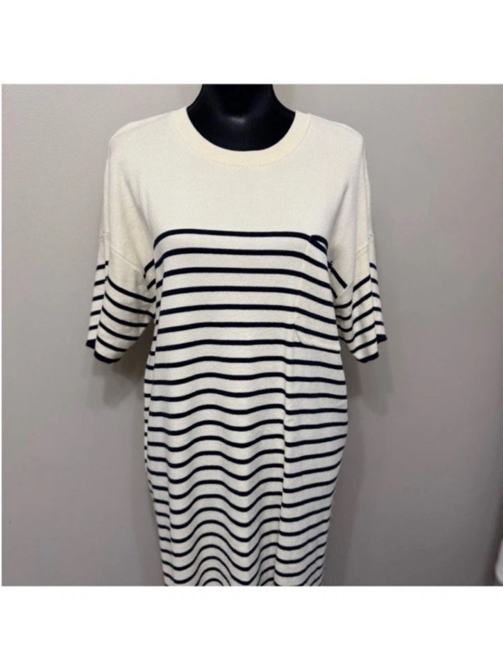 Tuckernuck Women’s Cream and Black Striped Short-Sleeve Knit Mini Dress L